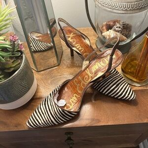 Sam Edelman Black & White Striped Pointed-Toe Slingback Heels